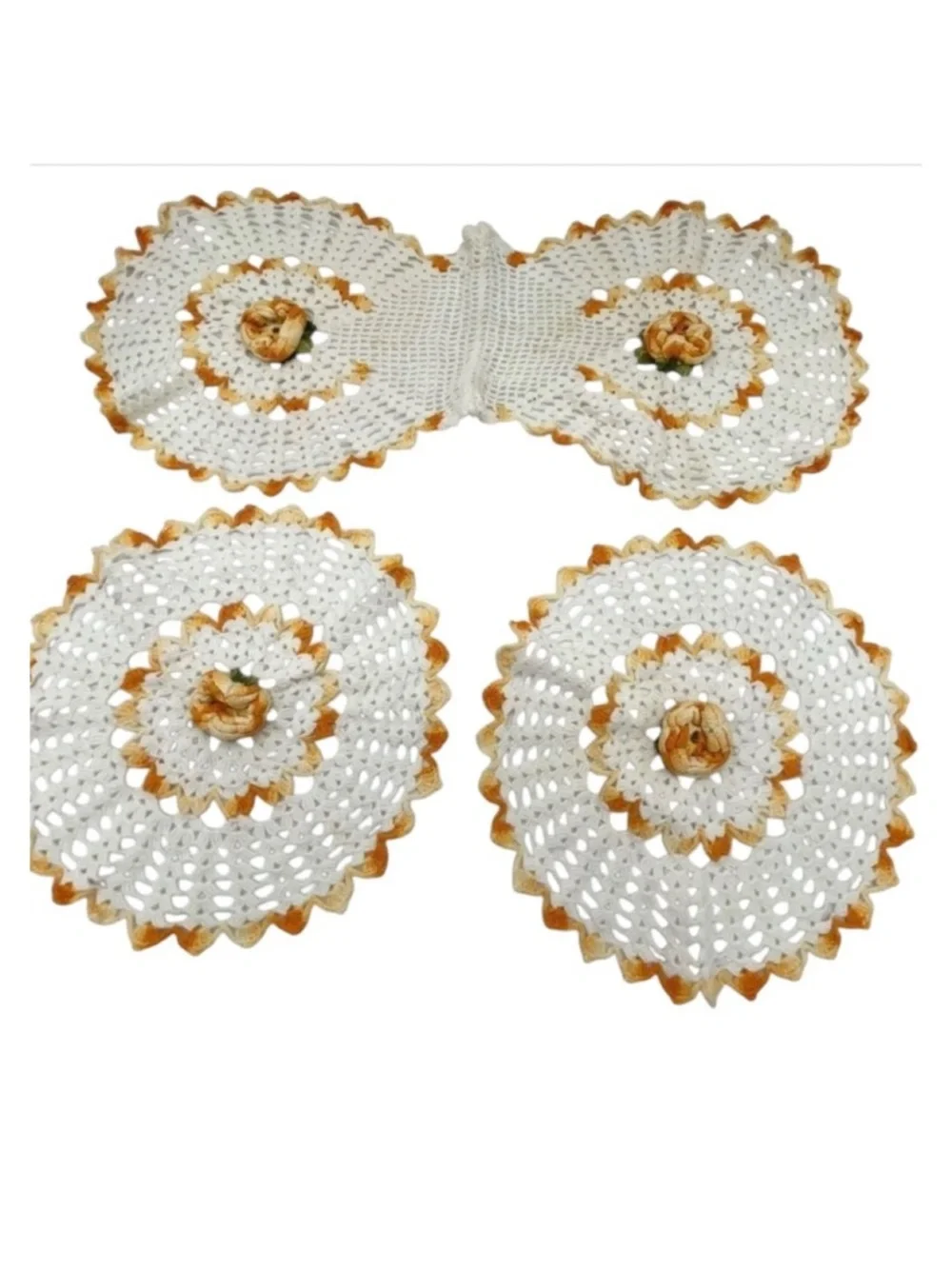 Vintage Set Of Doilies Yellow Trim Flower Centers Three